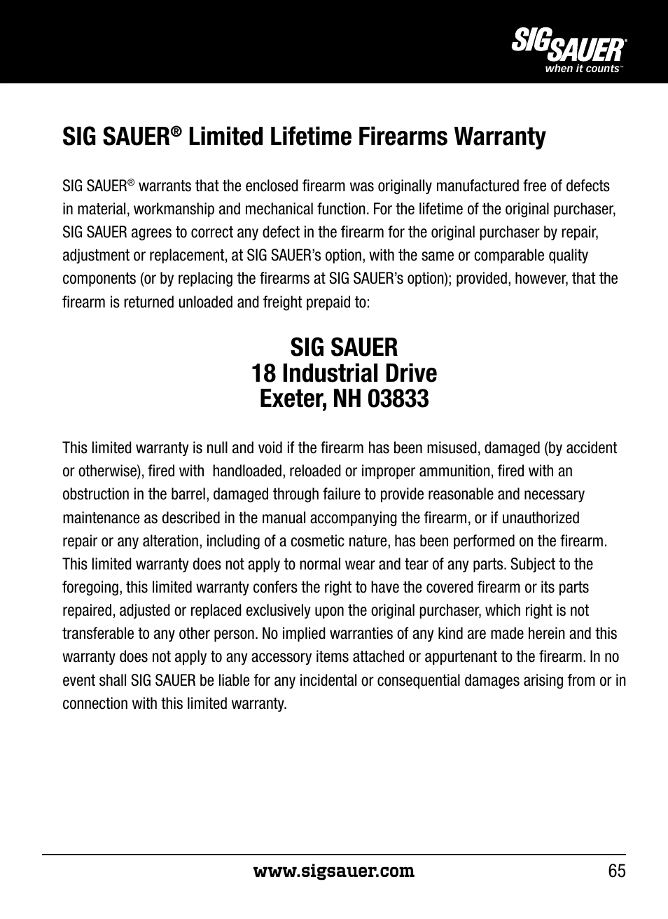 Sig sauer, Limited lifetime firearms warranty | SIG SAUER P250 User Manual | Page 65 / 68
