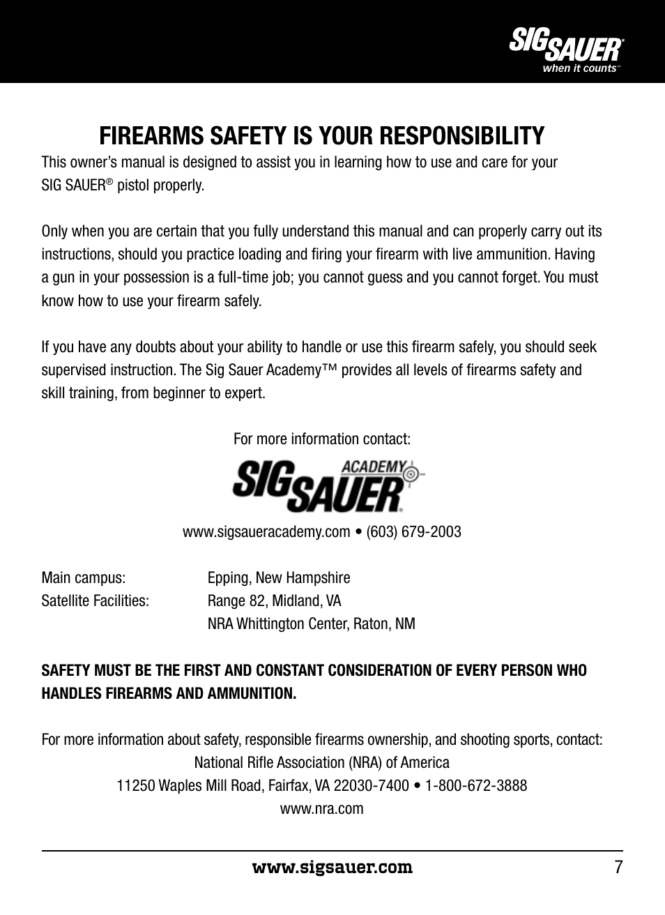 Firearms safety is your responsibility | SIG SAUER P250 User Manual | Page 7 / 68