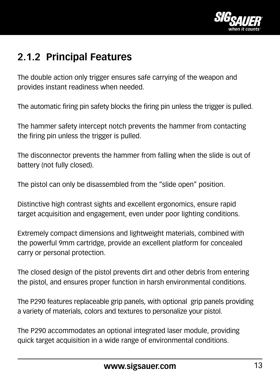 2 principal features | SIG SAUER P290 User Manual | Page 13 / 68