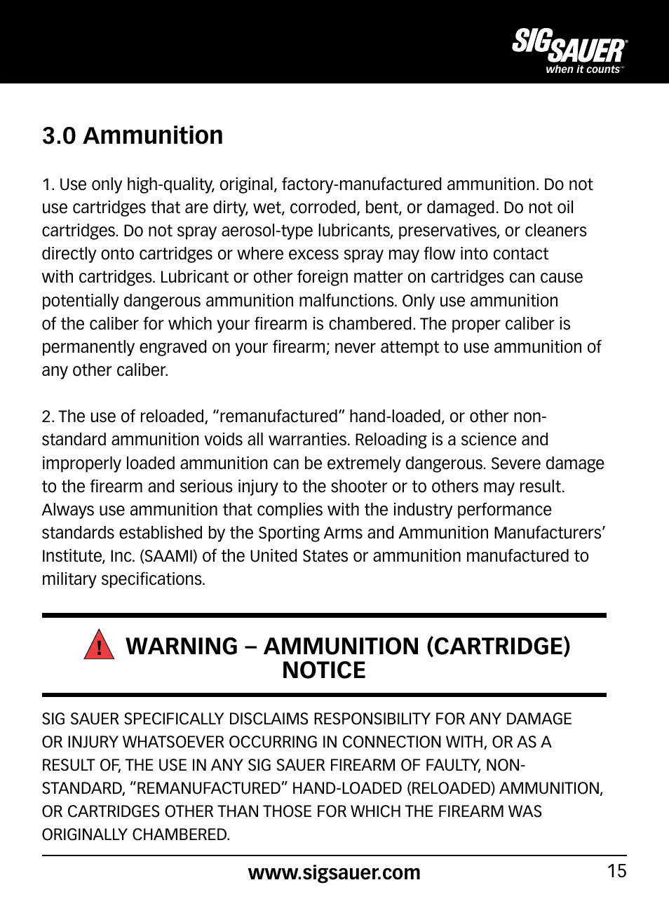 0 ammunition, Warning – ammunition (cartridge) notice | SIG SAUER P290 User Manual | Page 15 / 68