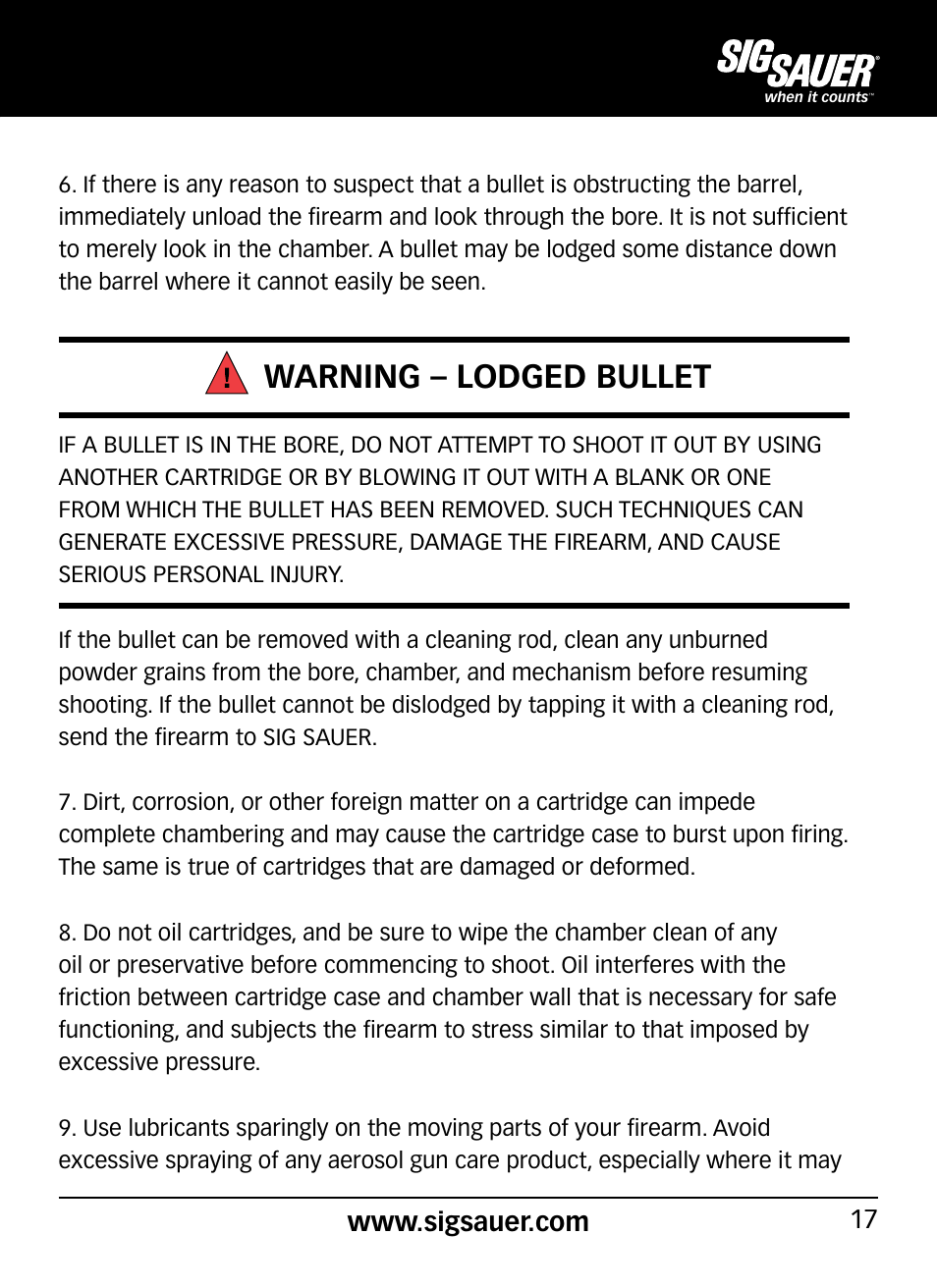 Warning – lodged bullet | SIG SAUER P290 User Manual | Page 17 / 68