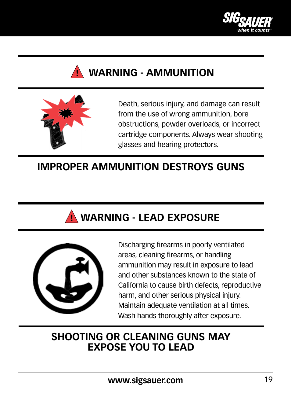 Warning - ammunition, Shooting or cleaning guns may expose you to lead | SIG SAUER P290 User Manual | Page 19 / 68