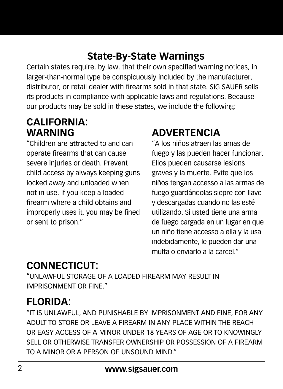 State-by-state warnings, California: connecticut, Florida | Warning, Advertencia | SIG SAUER P290 User Manual | Page 2 / 68