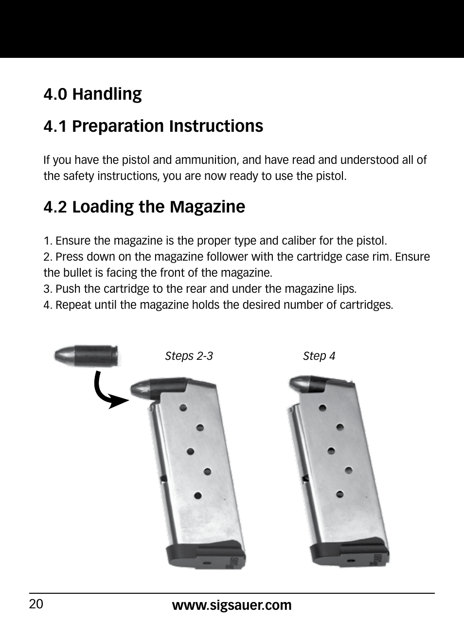 0 handling 4.1 preparation instructions, 2 loading the magazine | SIG SAUER P290 User Manual | Page 20 / 68