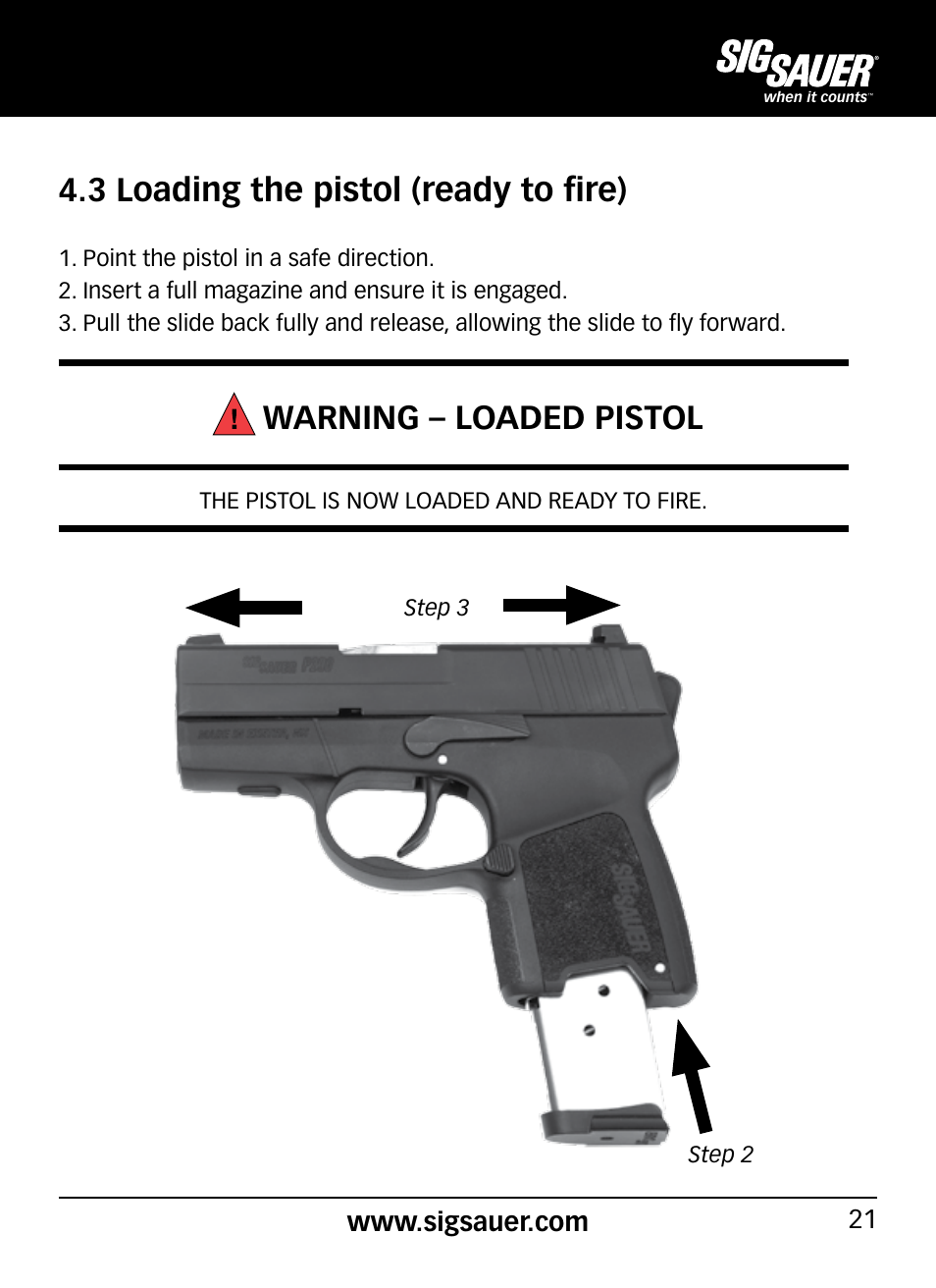 3 loading the pistol (ready to fire), Warning – loaded pistol | SIG SAUER P290 User Manual | Page 21 / 68