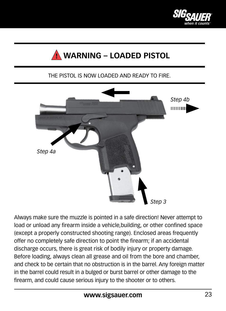 Warning – loaded pistol | SIG SAUER P290 User Manual | Page 23 / 68