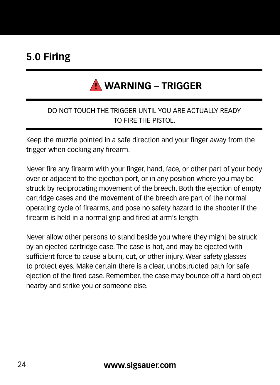 0 firing warning – trigger | SIG SAUER P290 User Manual | Page 24 / 68