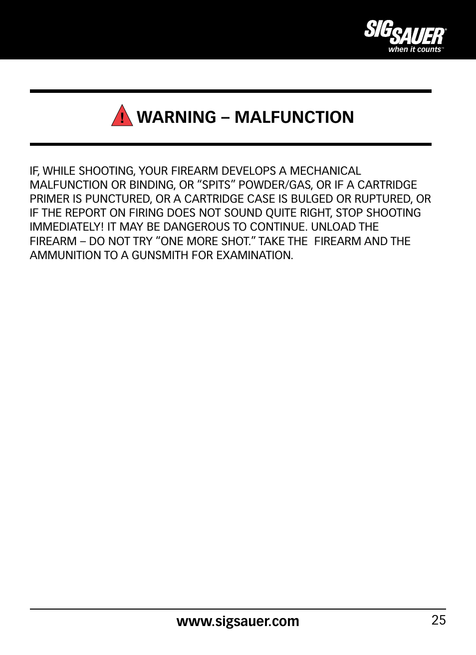Warning – malfunction | SIG SAUER P290 User Manual | Page 25 / 68