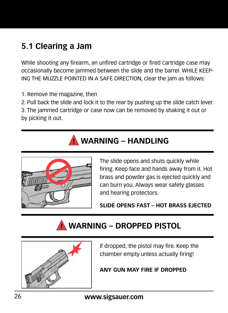 1 clearing a jam, Warning – handling, Warning – dropped pistol | SIG SAUER P290 User Manual | Page 26 / 68