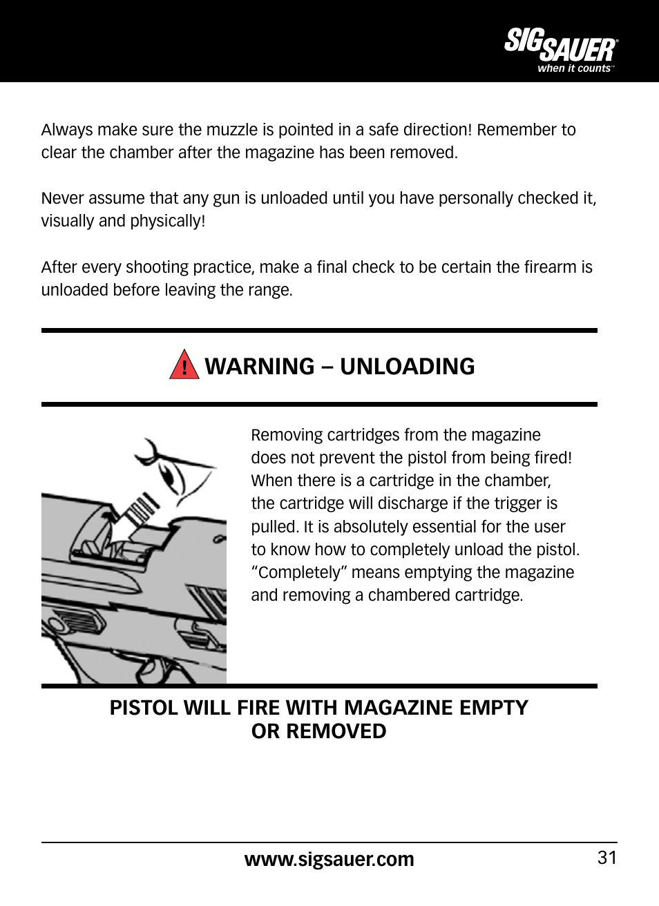 Warning – unloading, Pistol will fire with magazine empty or removed | SIG SAUER P290 User Manual | Page 31 / 68