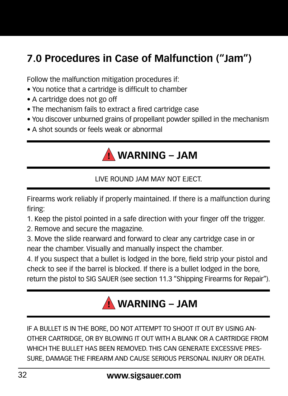 0 procedures in case of malfunction (“jam”), Warning – jam | SIG SAUER P290 User Manual | Page 32 / 68