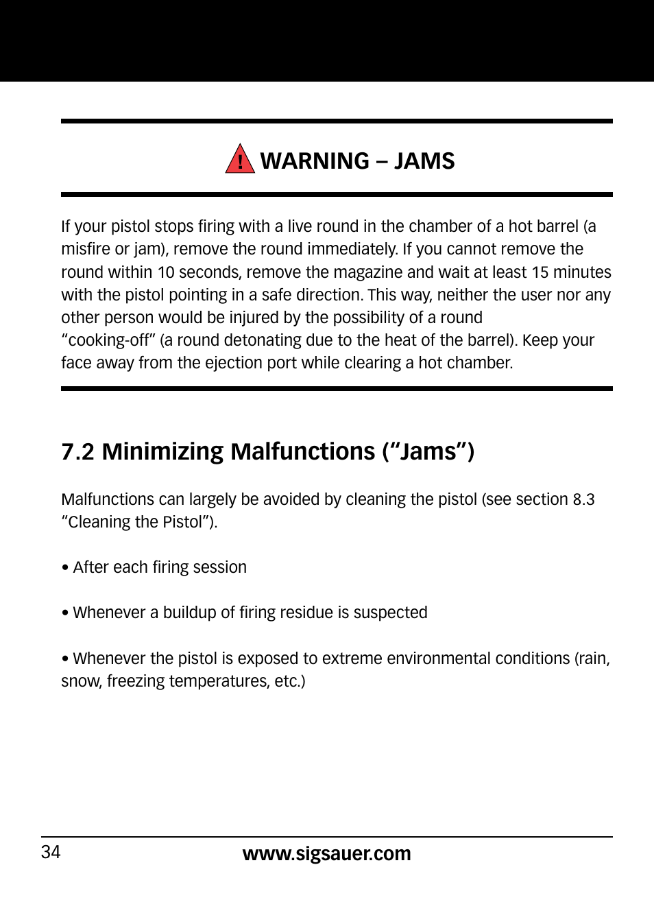 Warning – jams, 2 minimizing malfunctions (“jams”) | SIG SAUER P290 User Manual | Page 34 / 68