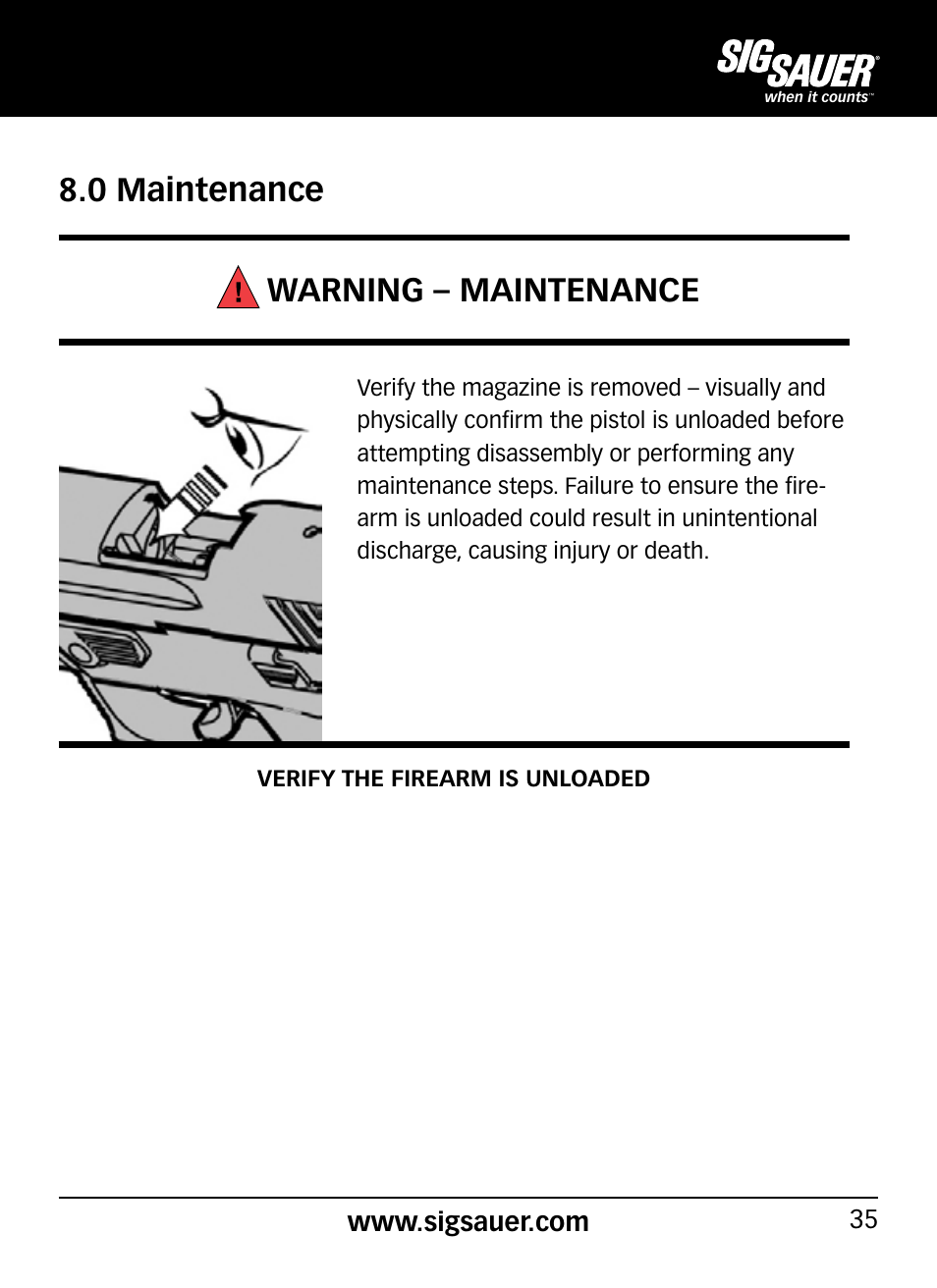 0 maintenance warning – maintenance | SIG SAUER P290 User Manual | Page 35 / 68