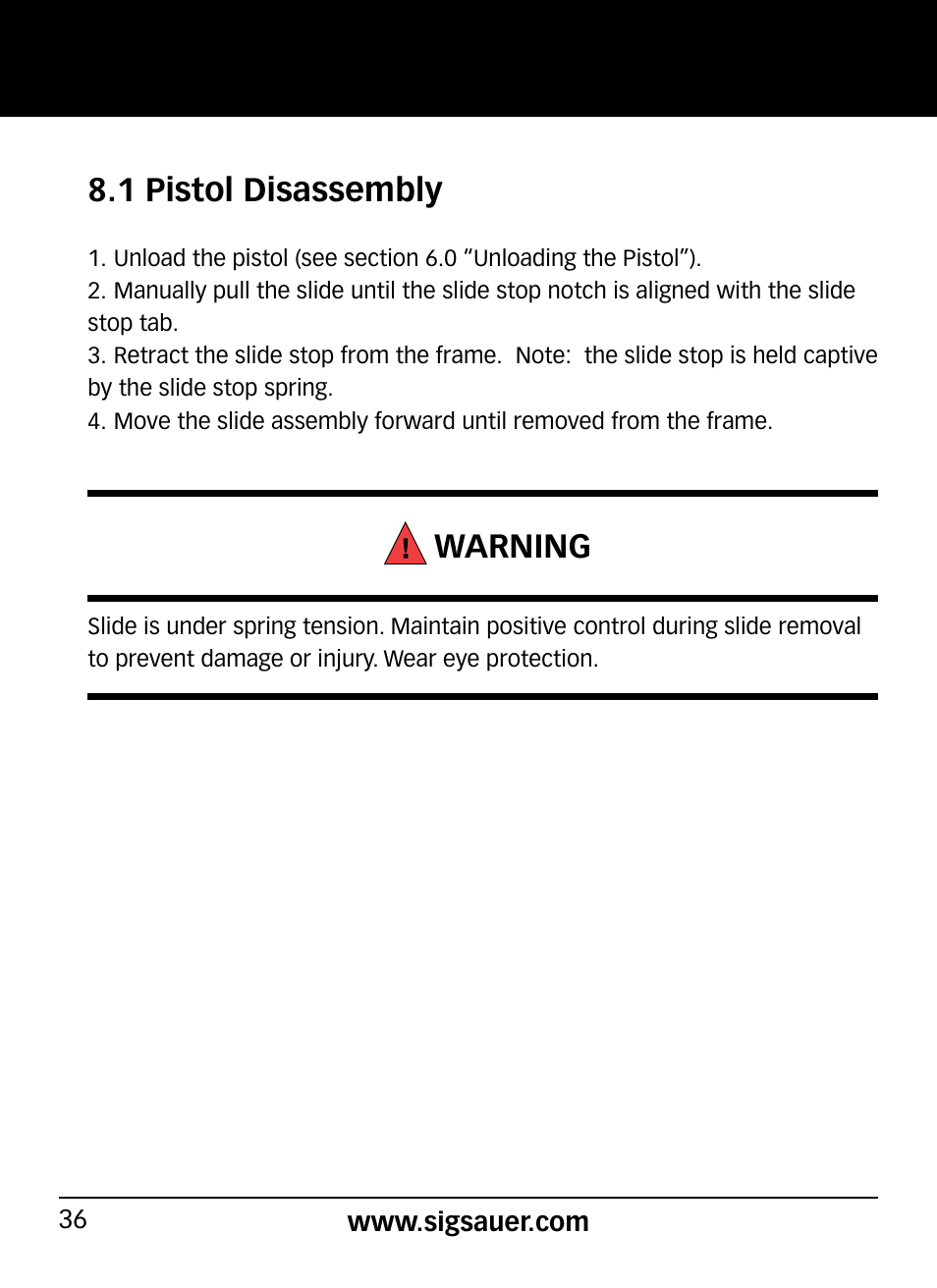 Warning, 1 pistol disassembly | SIG SAUER P290 User Manual | Page 36 / 68