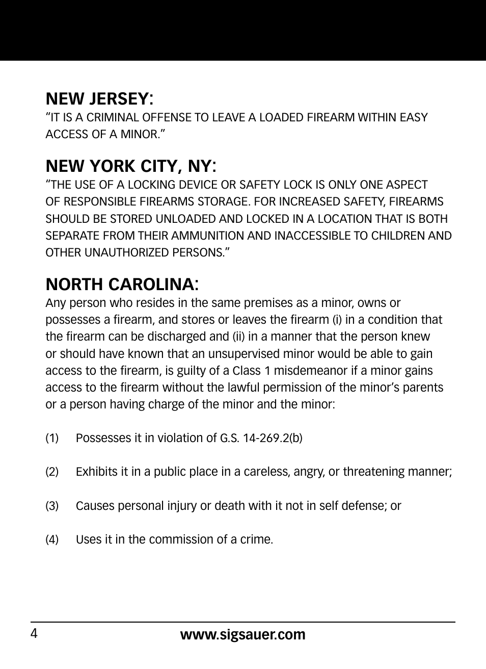 New jersey, New york city, ny, North carolina | SIG SAUER P290 User Manual | Page 4 / 68