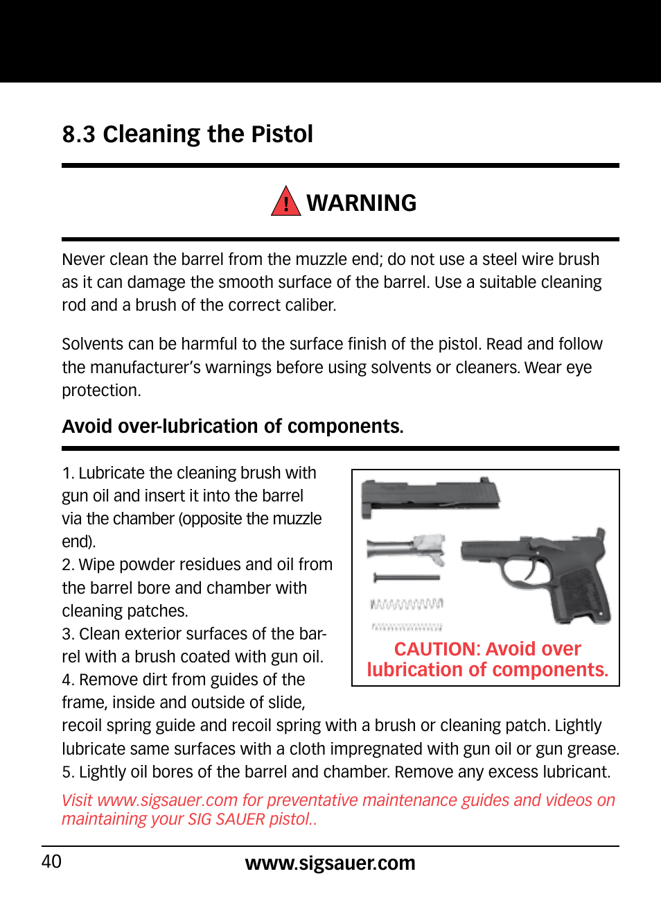 3 cleaning the pistol warning | SIG SAUER P290 User Manual | Page 40 / 68