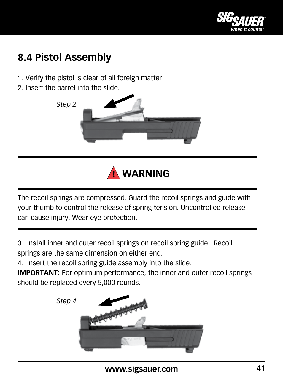 Warning, 4 pistol assembly | SIG SAUER P290 User Manual | Page 41 / 68