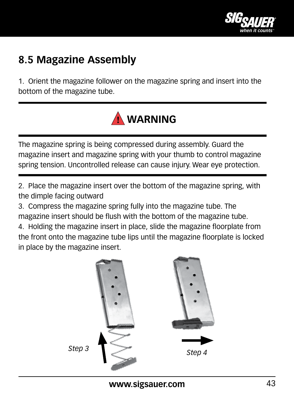 Warning, 5 magazine assembly | SIG SAUER P290 User Manual | Page 43 / 68