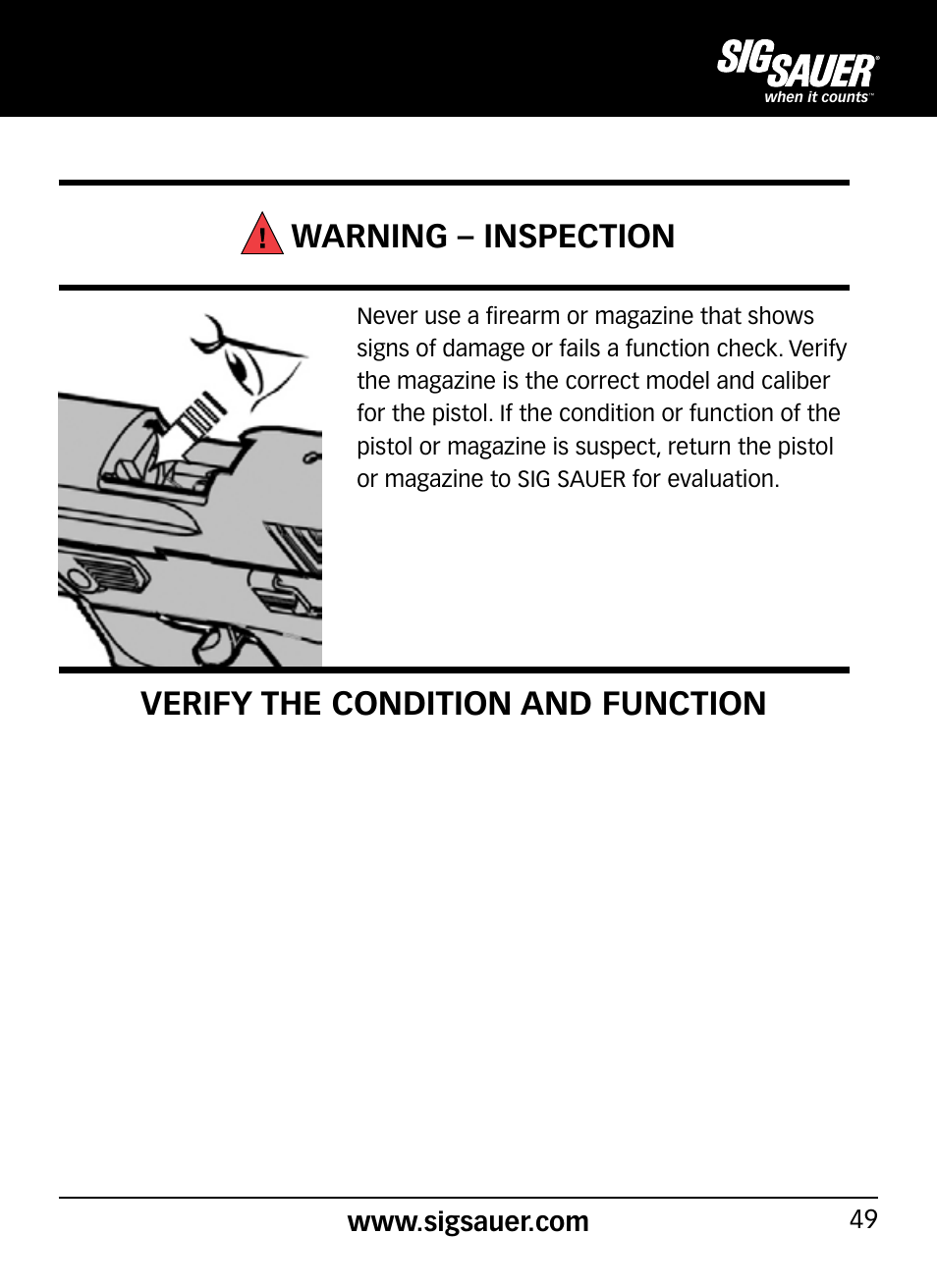 Warning – inspection, Verify the condition and function | SIG SAUER P290 User Manual | Page 49 / 68