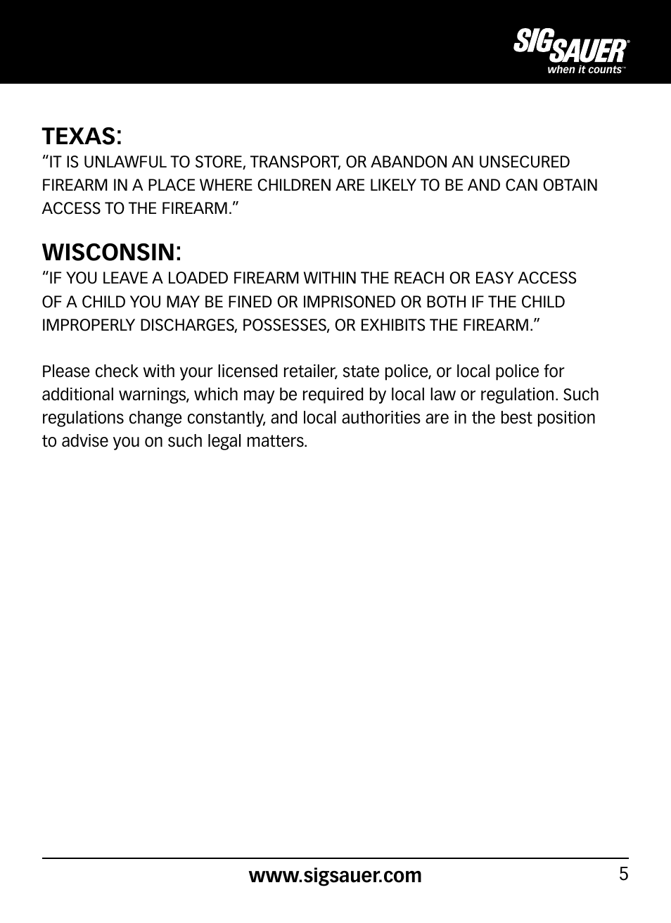 Texas, Wisconsin | SIG SAUER P290 User Manual | Page 5 / 68