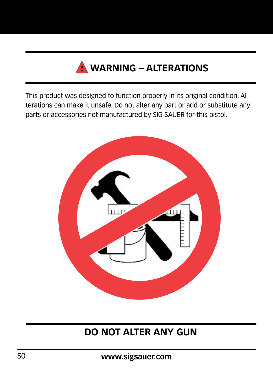 Warning – alterations, Do not alter any gun | SIG SAUER P290 User Manual | Page 50 / 68