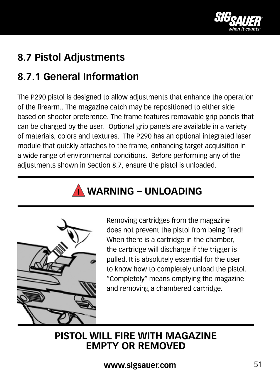 7 pistol adjustments 8.7.1 general information, Warning – unloading, Pistol will fire with magazine empty or removed | SIG SAUER P290 User Manual | Page 51 / 68