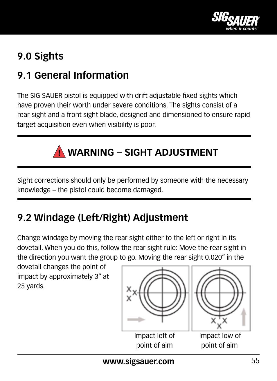 0 sights 9.1 general information, Warning – sight adjustment, 2 windage (left/right) adjustment | SIG SAUER P290 User Manual | Page 55 / 68