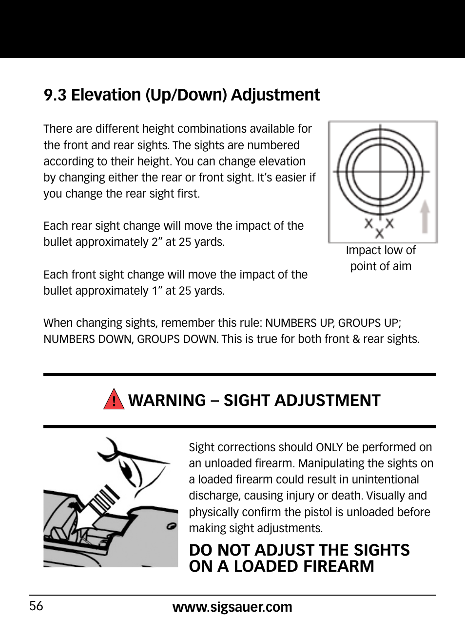 3 elevation (up/down) adjustment, Warning – sight adjustment, Do not adjust the sights on a loaded firearm | SIG SAUER P290 User Manual | Page 56 / 68
