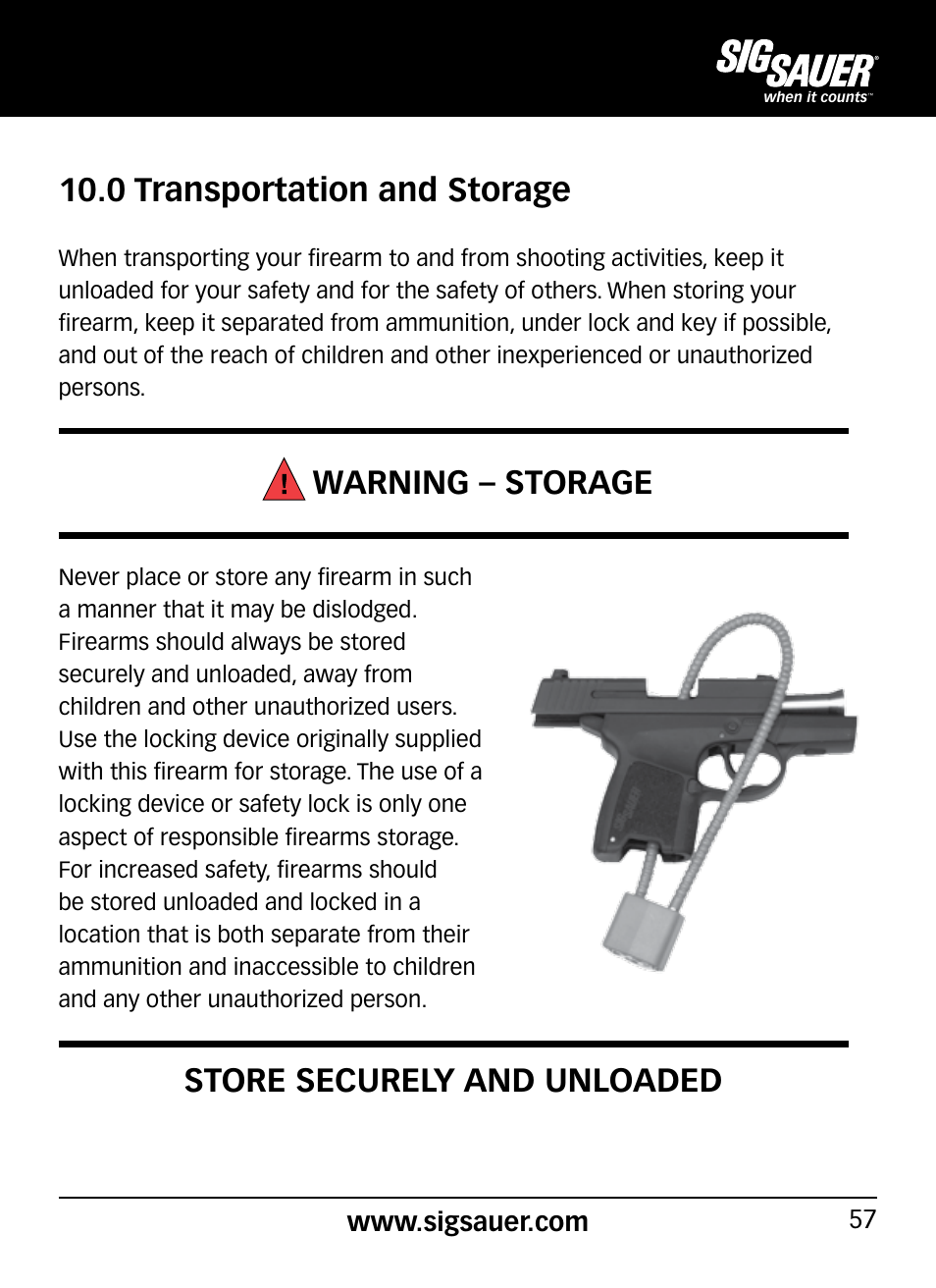 0 transportation and storage, Warning – storage, Store securely and unloaded | SIG SAUER P290 User Manual | Page 57 / 68