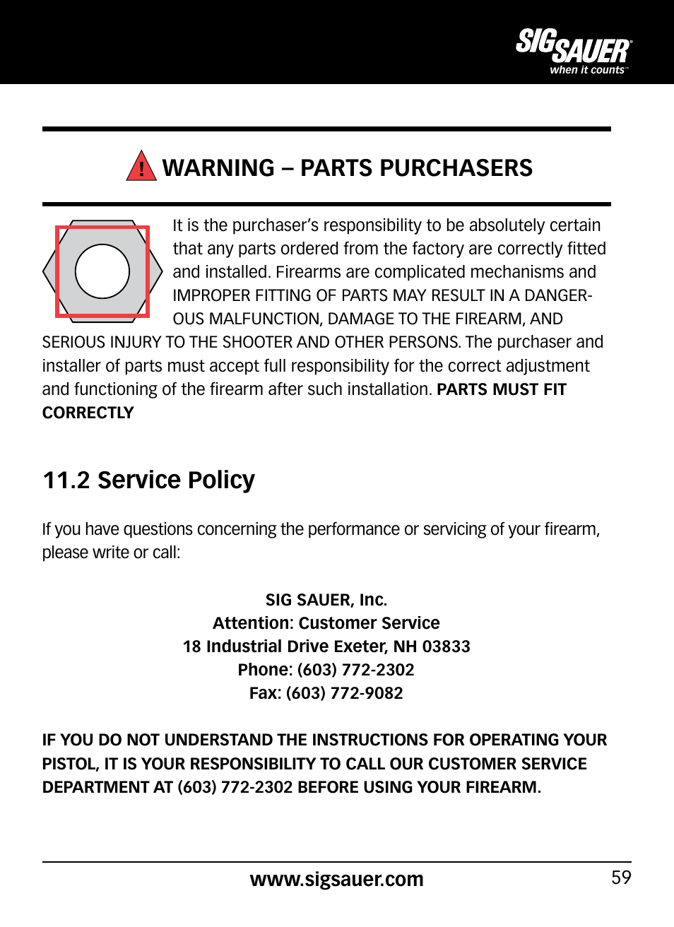 Warning – parts purchasers, 2 service policy | SIG SAUER P290 User Manual | Page 59 / 68