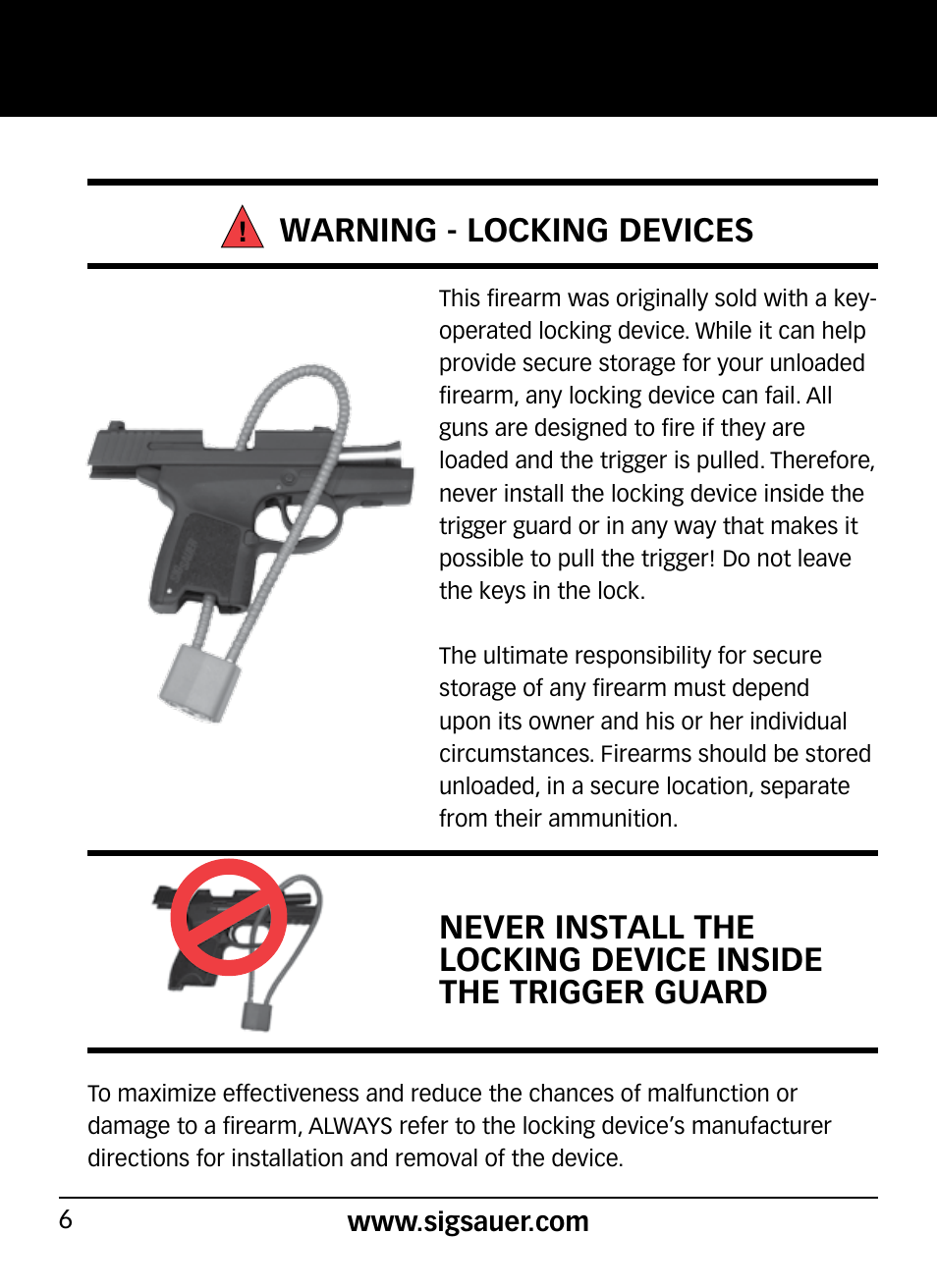 Warning - locking devices | SIG SAUER P290 User Manual | Page 6 / 68