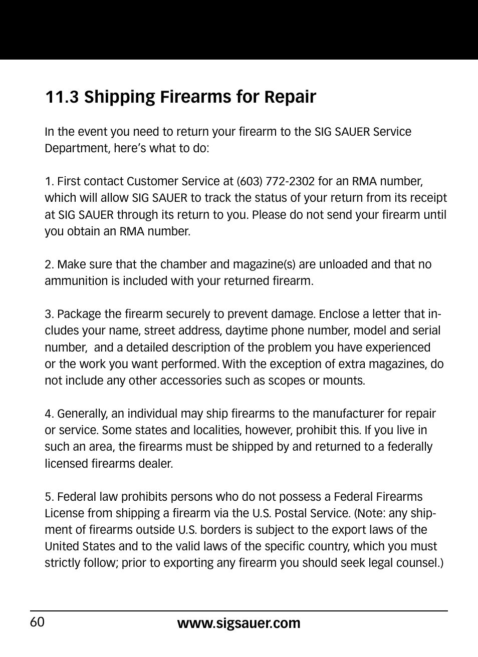 3 shipping firearms for repair | SIG SAUER P290 User Manual | Page 60 / 68