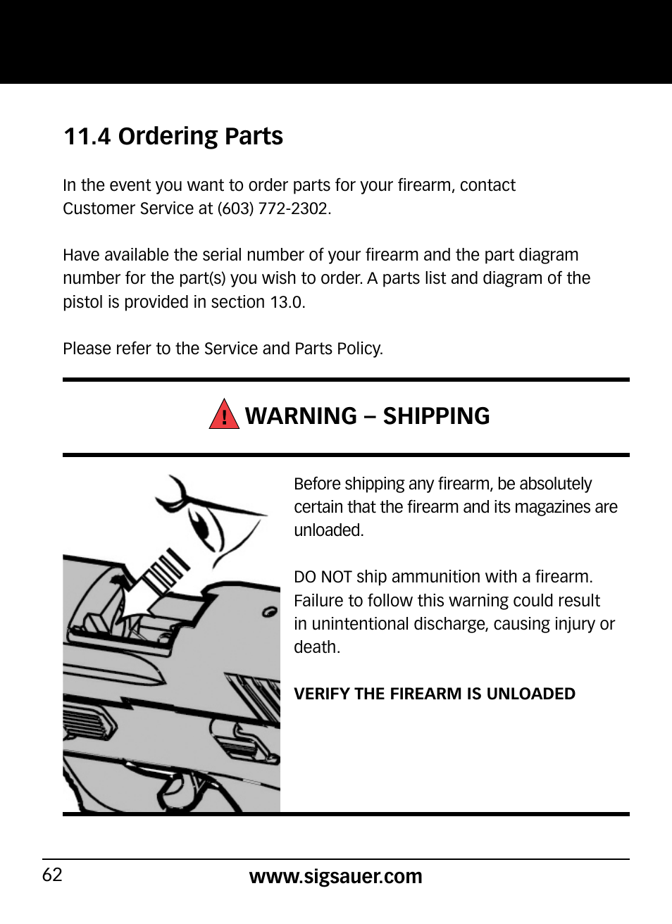 4 ordering parts, Warning – shipping | SIG SAUER P290 User Manual | Page 62 / 68