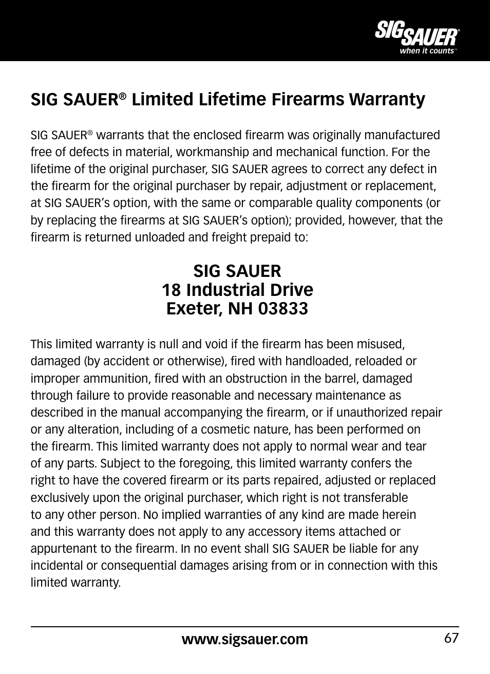 Sig sauer, Limited lifetime firearms warranty | SIG SAUER P290 User Manual | Page 67 / 68