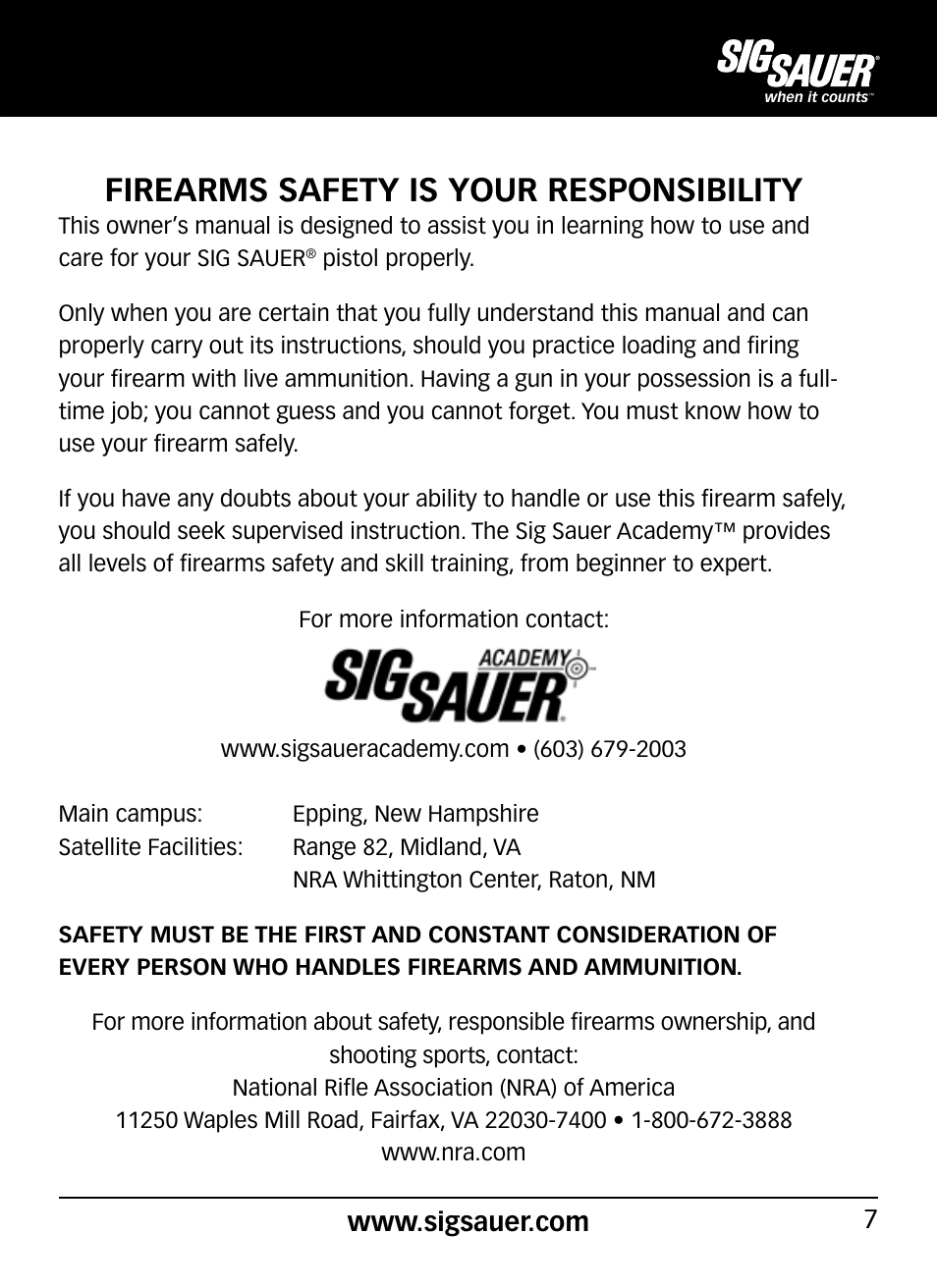 Firearms safety is your responsibility | SIG SAUER P290 User Manual | Page 7 / 68