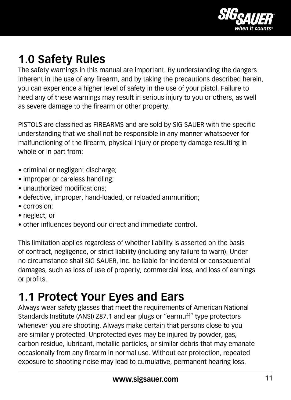 0 safety rules, 1 protect your eyes and ears | SIG SAUER P320 User Manual | Page 11 / 68