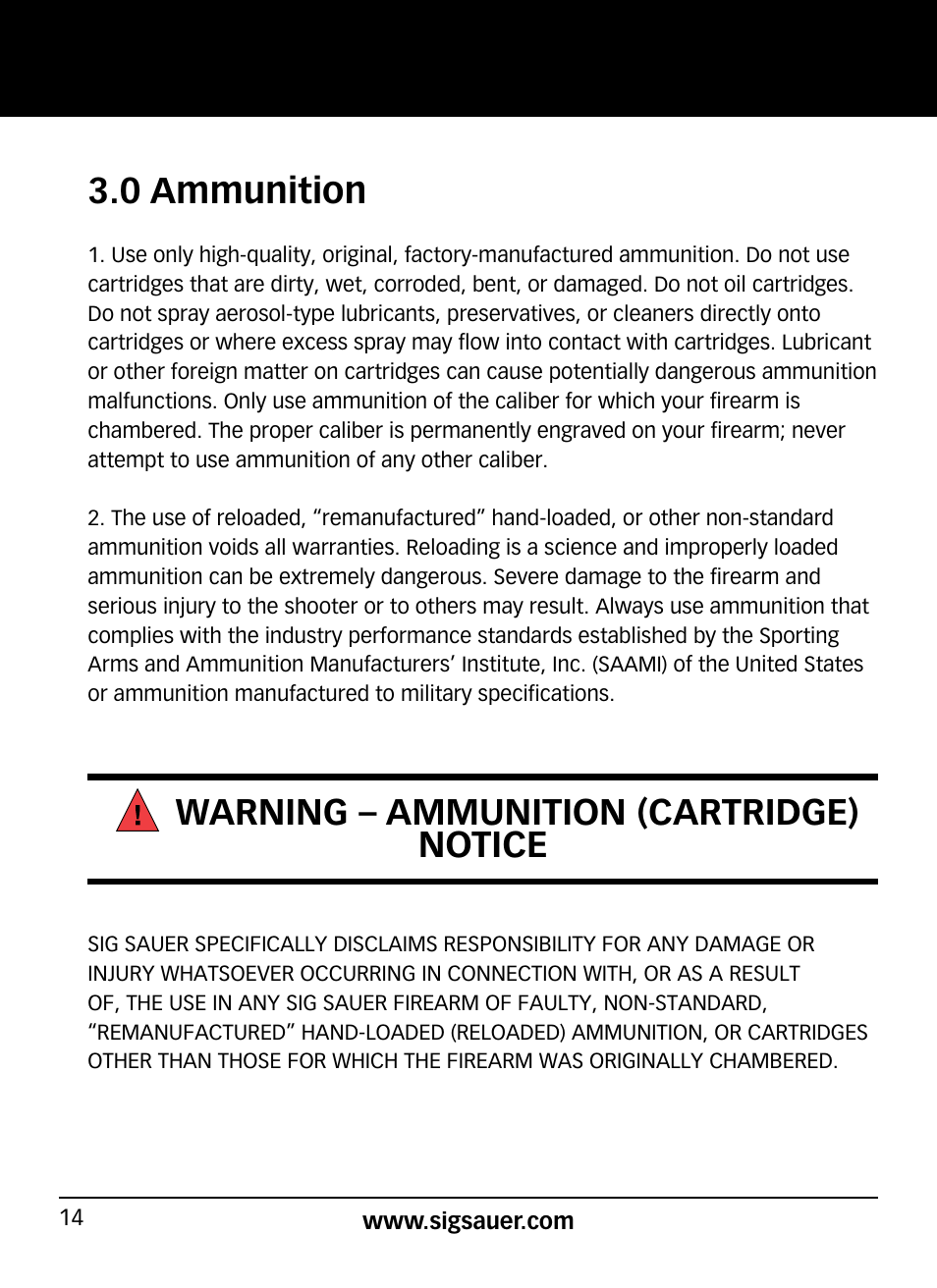 0 ammunition, Warning – ammunition (cartridge) notice | SIG SAUER P320 User Manual | Page 14 / 68
