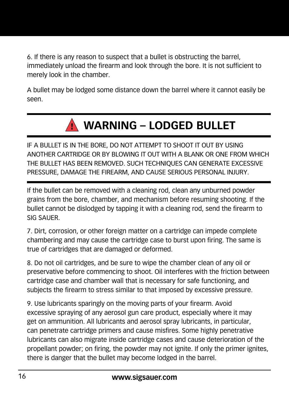 Warning – lodged bullet | SIG SAUER P320 User Manual | Page 16 / 68