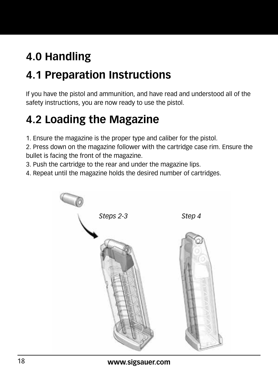 0 handling 4.1 preparation instructions, 2 loading the magazine | SIG SAUER P320 User Manual | Page 18 / 68