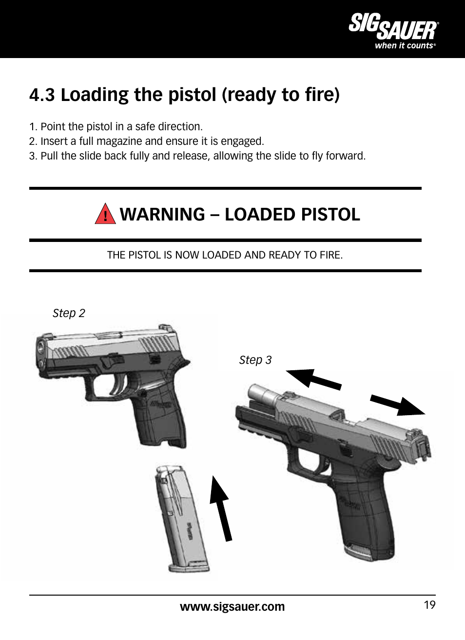 3 loading the pistol (ready to fire), Warning – loaded pistol | SIG SAUER P320 User Manual | Page 19 / 68