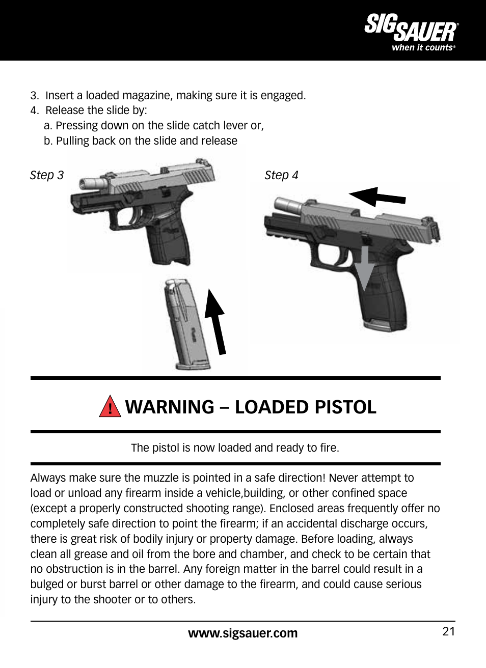 Warning – loaded pistol | SIG SAUER P320 User Manual | Page 21 / 68