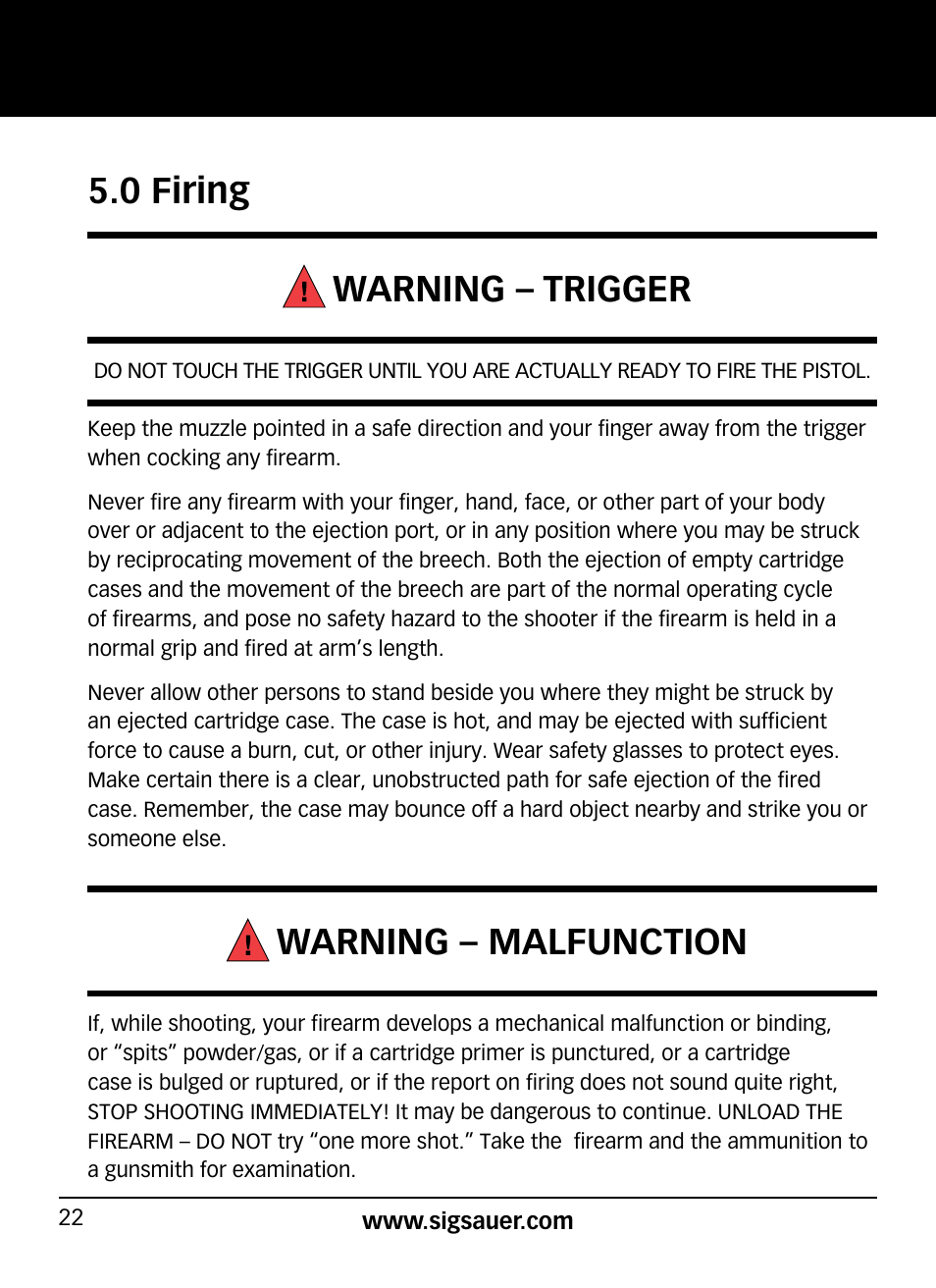 0 firing warning – trigger, Warning – malfunction | SIG SAUER P320 User Manual | Page 22 / 68