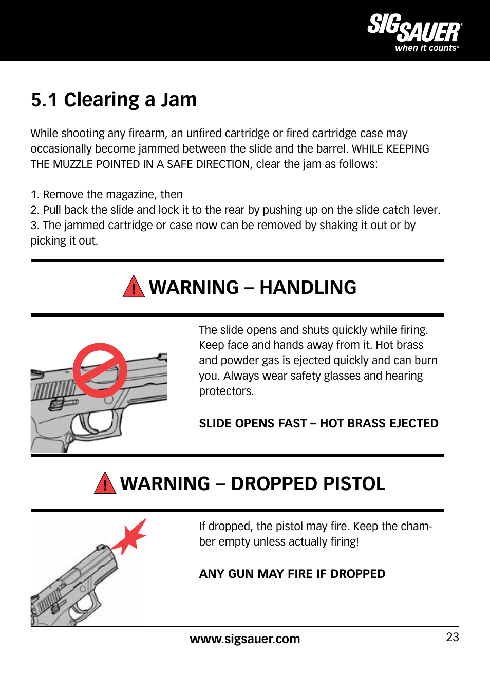 1 clearing a jam, Warning – handling, Warning – dropped pistol | SIG SAUER P320 User Manual | Page 23 / 68
