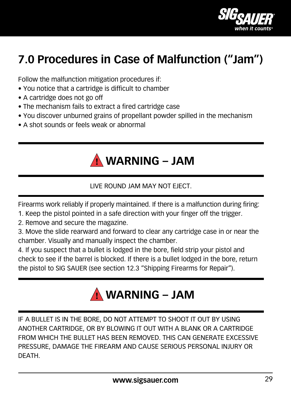 0 procedures in case of malfunction (“jam”), Warning – jam | SIG SAUER P320 User Manual | Page 29 / 68