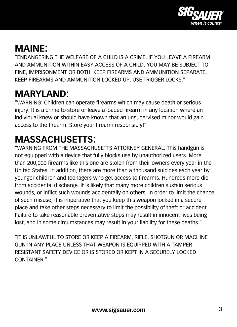 Maine, Maryland, Massachusetts | SIG SAUER P320 User Manual | Page 3 / 68