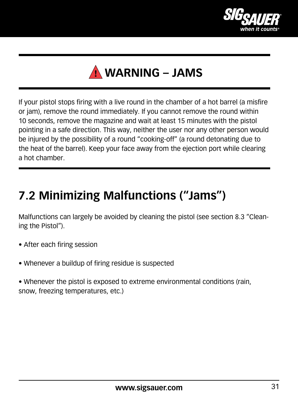 Warning – jams, 2 minimizing malfunctions (“jams”) | SIG SAUER P320 User Manual | Page 31 / 68