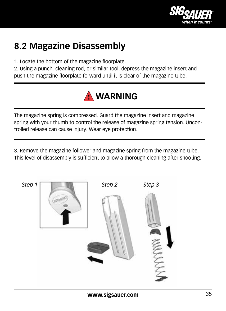2 magazine disassembly, Warning | SIG SAUER P320 User Manual | Page 35 / 68