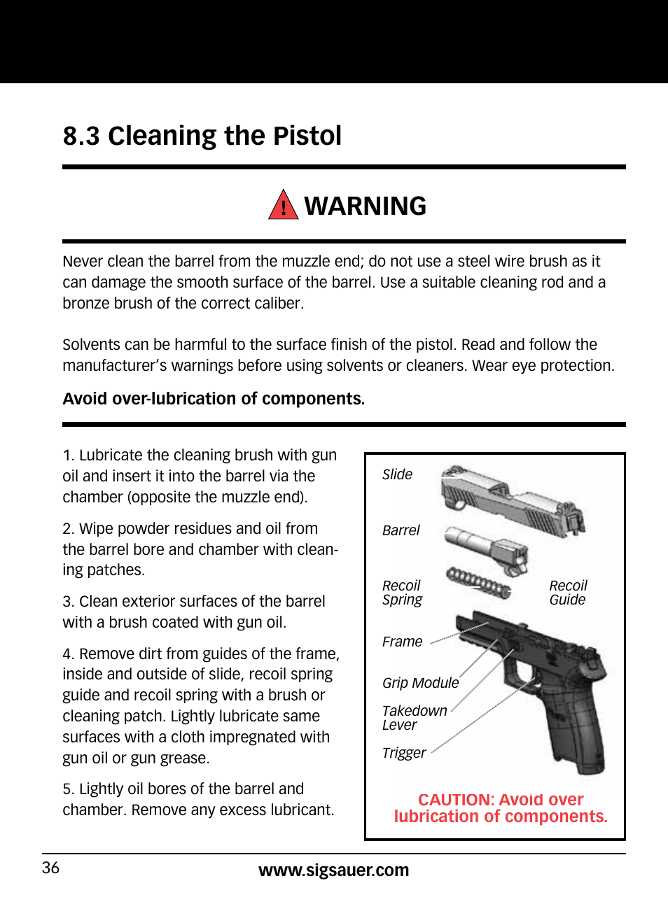 3 cleaning the pistol warning | SIG SAUER P320 User Manual | Page 36 / 68