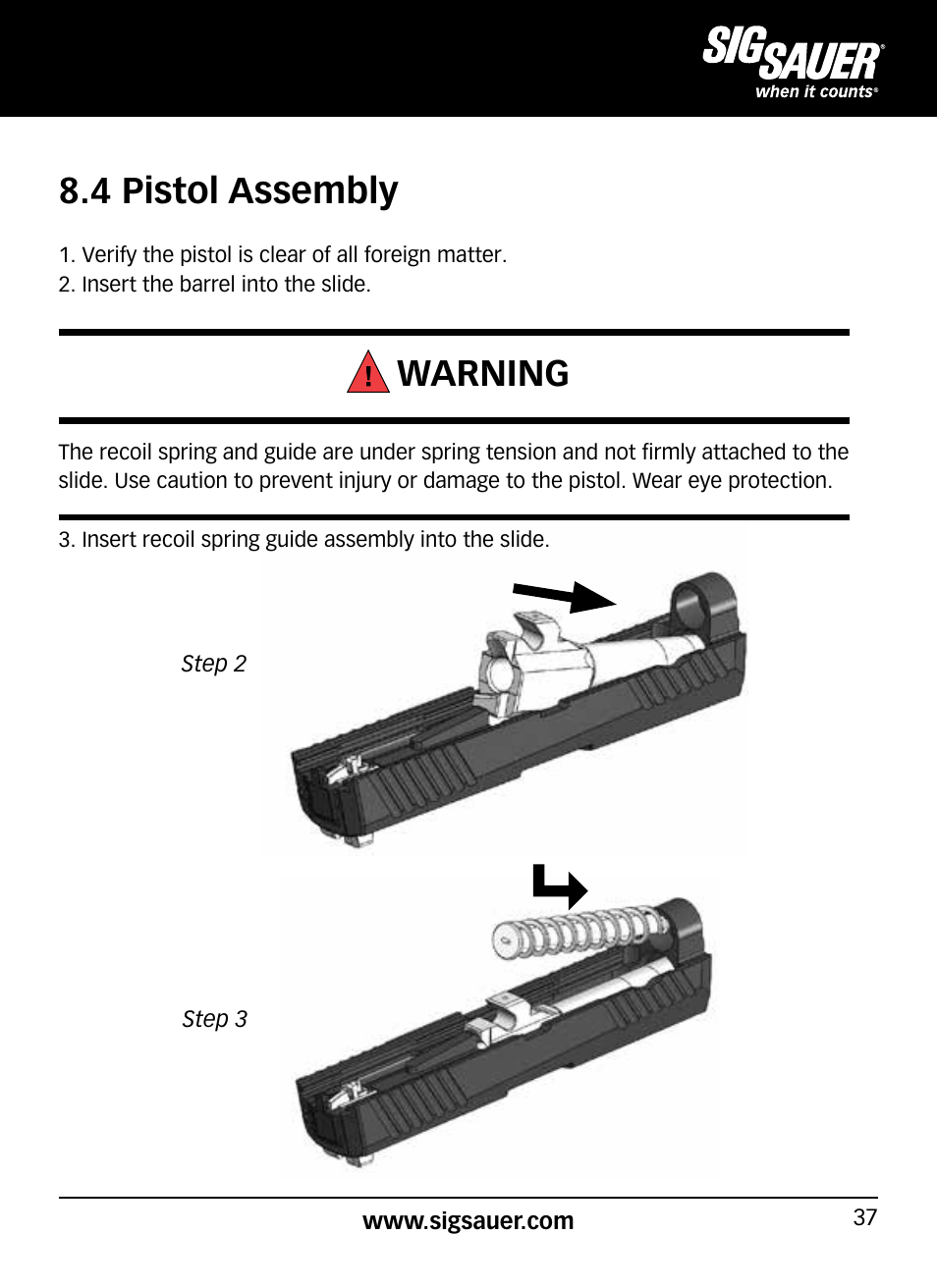 4 pistol assembly, Warning | SIG SAUER P320 User Manual | Page 37 / 68
