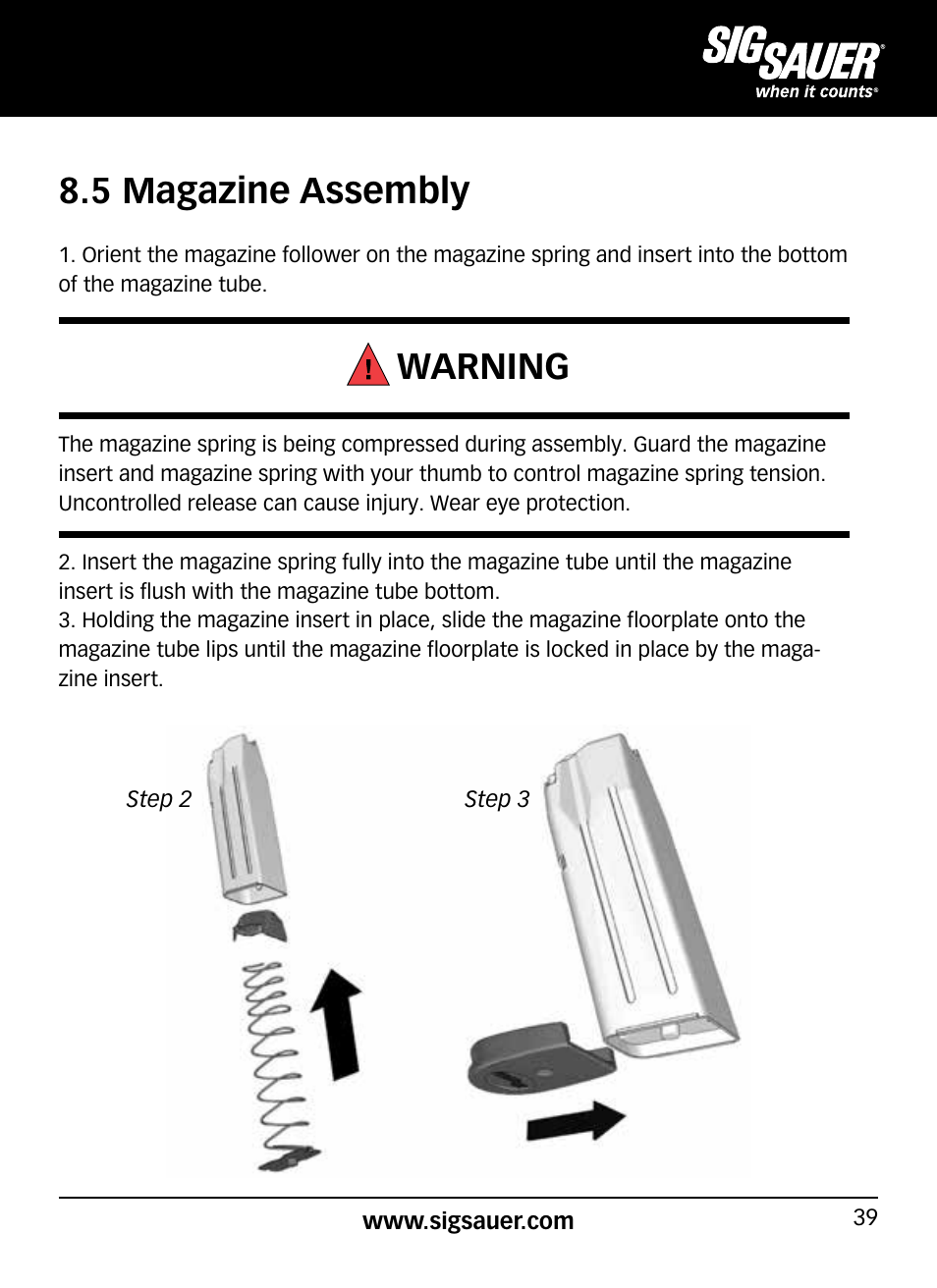 5 magazine assembly, Warning | SIG SAUER P320 User Manual | Page 39 / 68